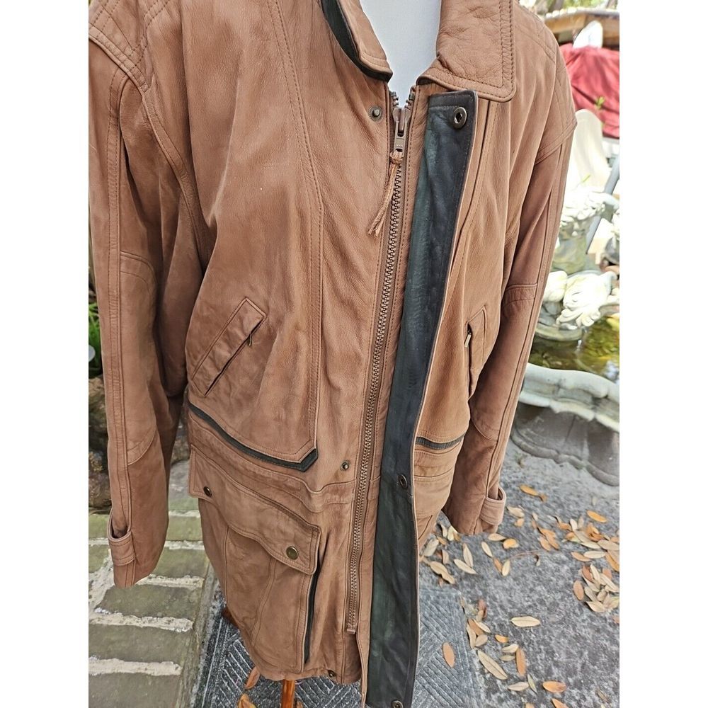 J. Park COUTURE Cognac Brown Leather Jacket PARKA Mid-Length VINTAGE Y2K - Picture 11 of 16